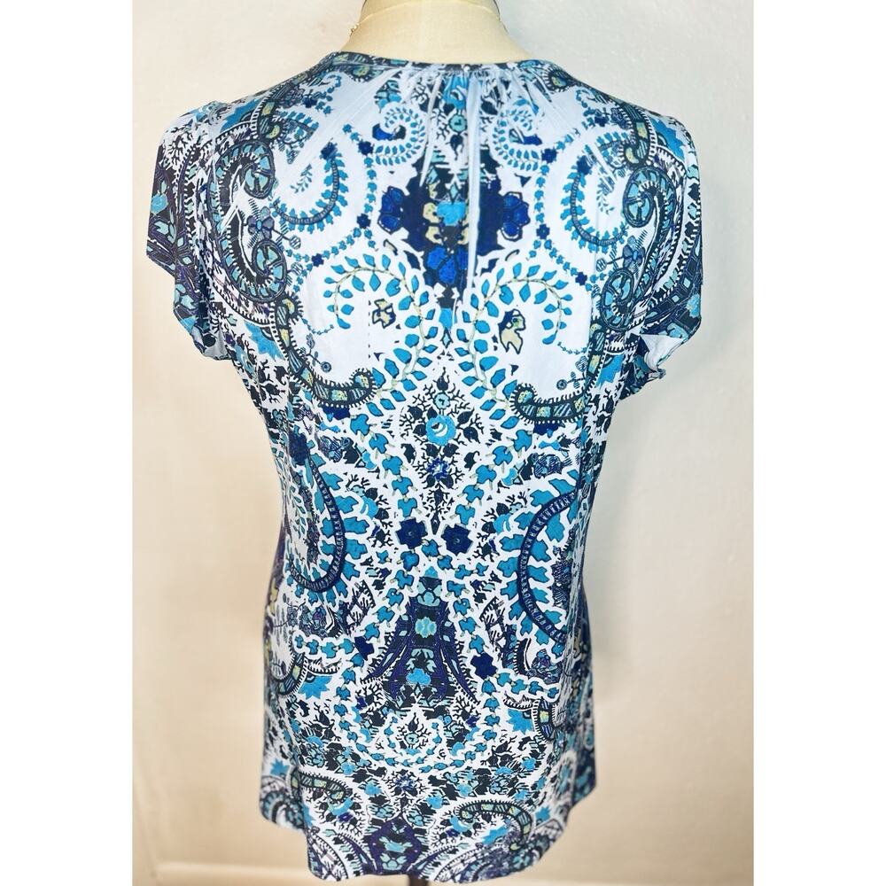 Boho Y2K Rock Blue Beaded Short Sleeve Blouse Large One World No Tag Summer - Picture 5 of 7